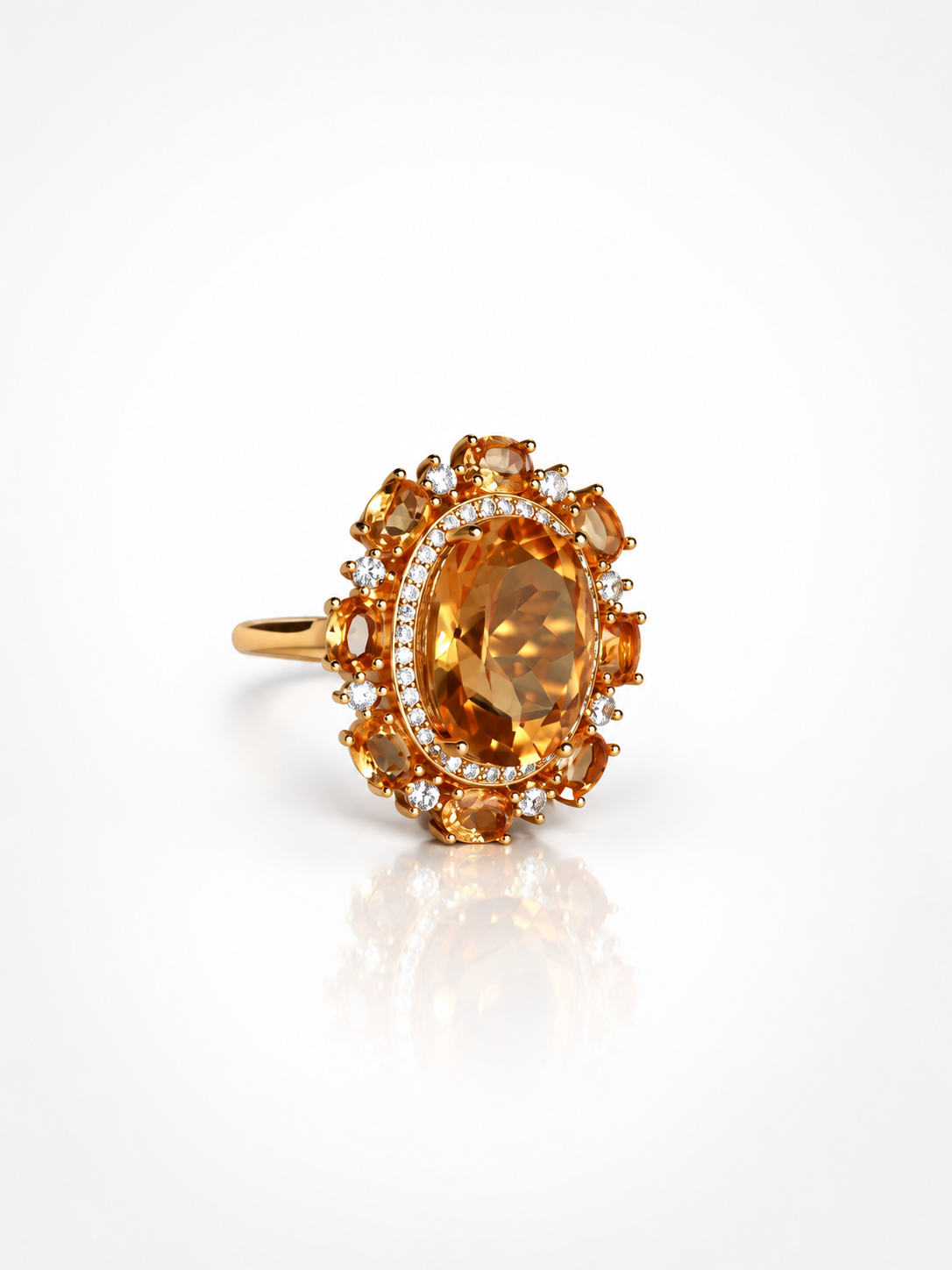 Citrine cluster cocktail ring, angled view on a white background