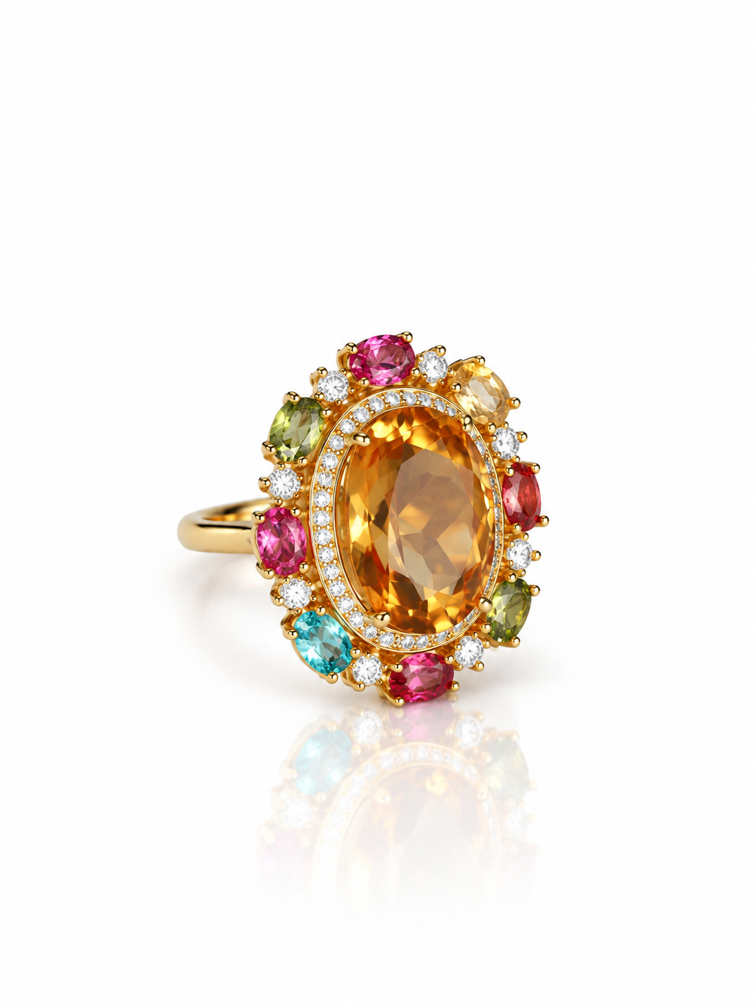 Citrine and tourmaline cocktail ring, angled view on a white background