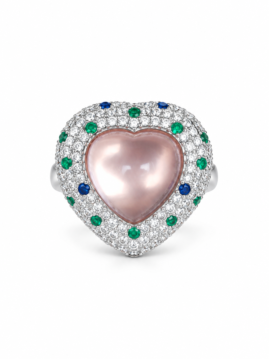 Rose quartz heart ring with pavé cubic zirconia and green and blue tourmaline accents in sterling silver
