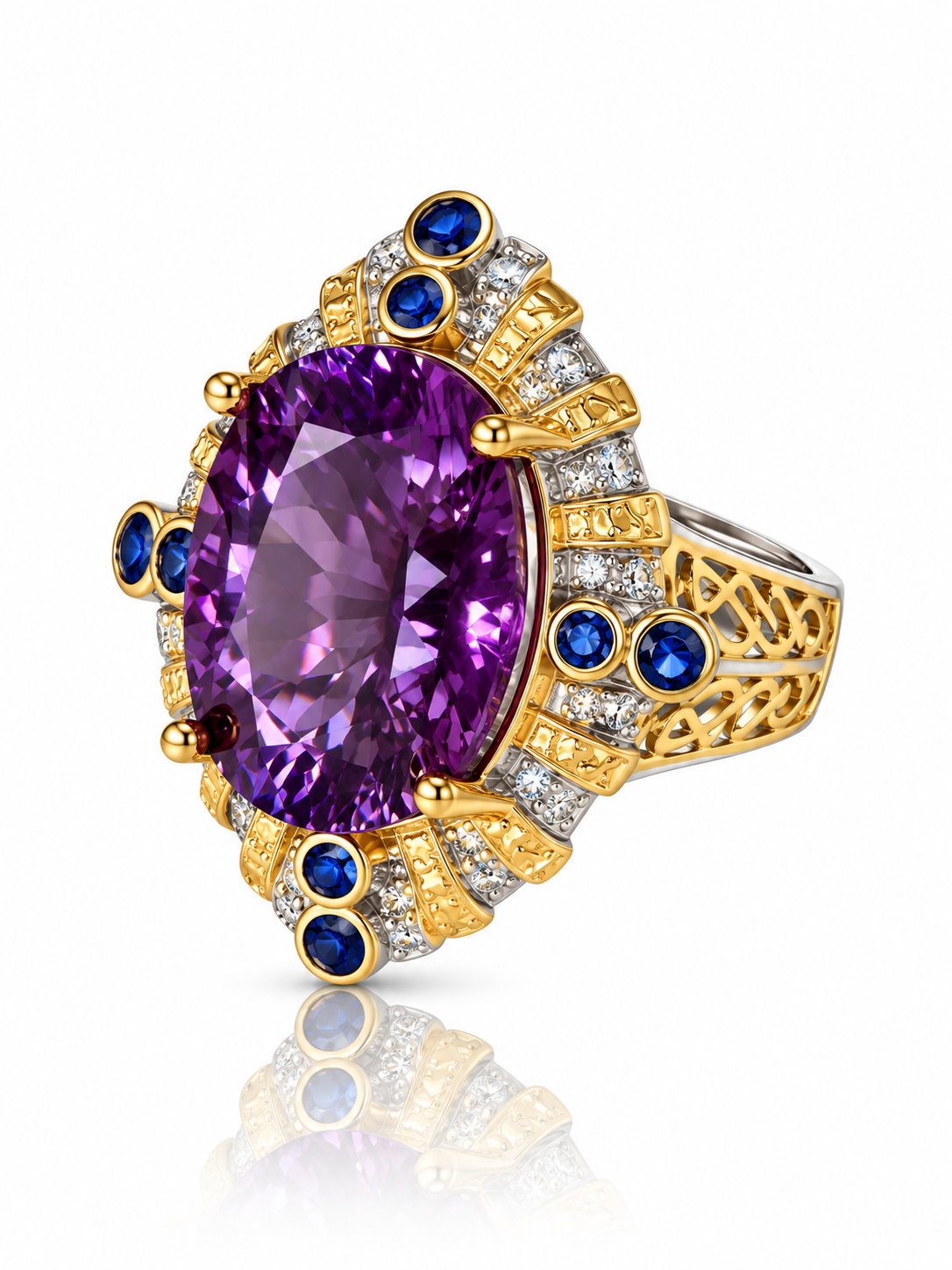 Royal purple amethyst cocktail ring with lapis lazuli accents, fan-shaped gold detail and openwork band on a white background