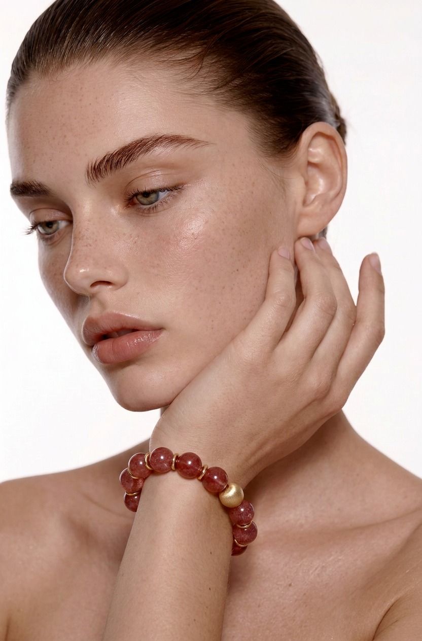 Natural Strawberry Quartz Bracelet, Gold‑Tone Accents