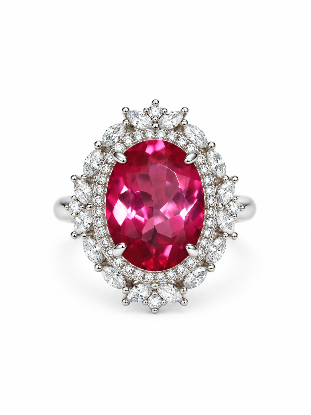 Pink topaz oval cocktail ring with cubic zirconia halo and marquise-cut petals in sterling silver