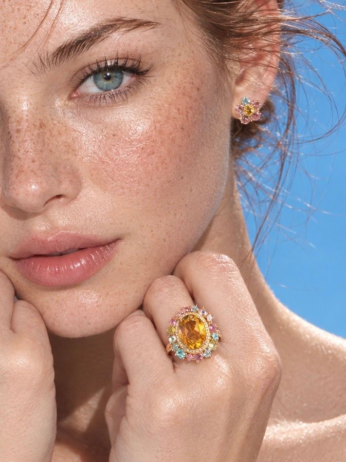 Sunflower Lucky Ring, Citrine & Multi‑Colour Tourmaline, Hand‑Set Silver