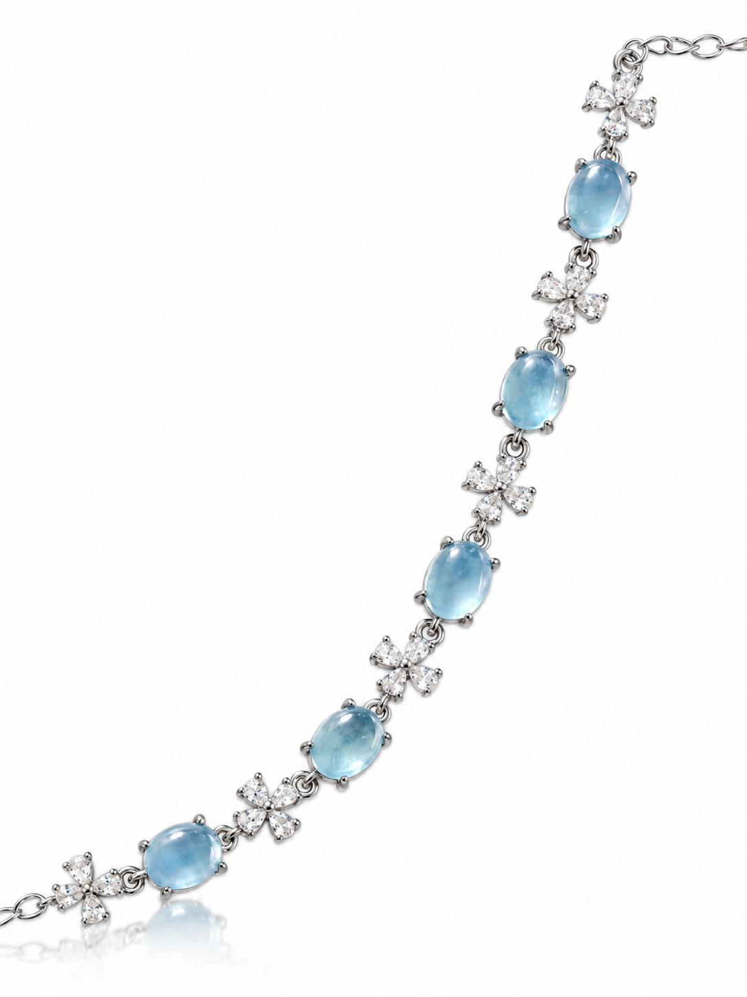 Aquamarine cabochon bracelet with five oval blue stones and cubic zirconia flower links in sterling silver on a white background