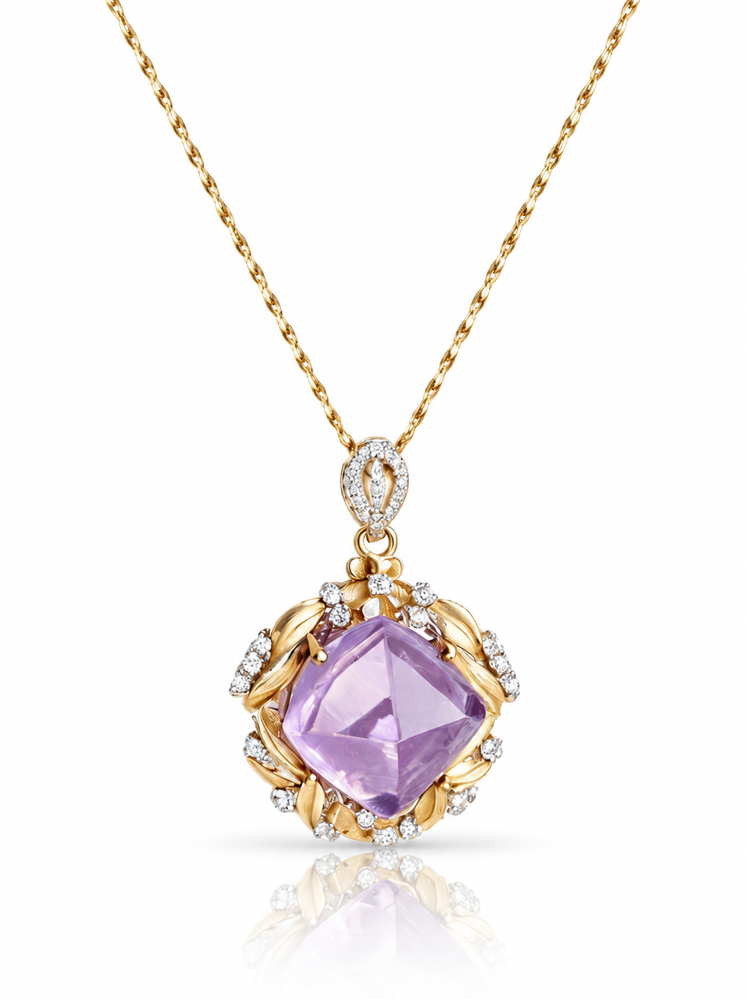 Sugarloaf-cut amethyst pendant necklace framed by golden leaves and cubic zirconia in 18K gold-plated sterling silver on a white background