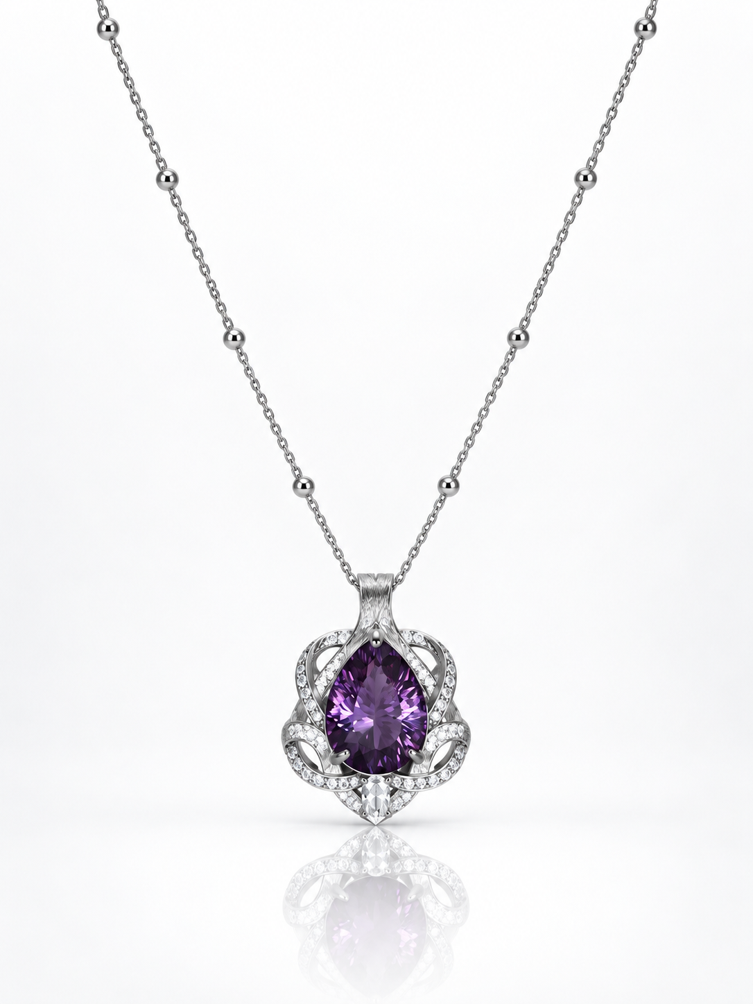 Pear-cut amethyst pendant necklace wrapped in curling cubic zirconia ribbons on a beaded sterling silver chain, white background