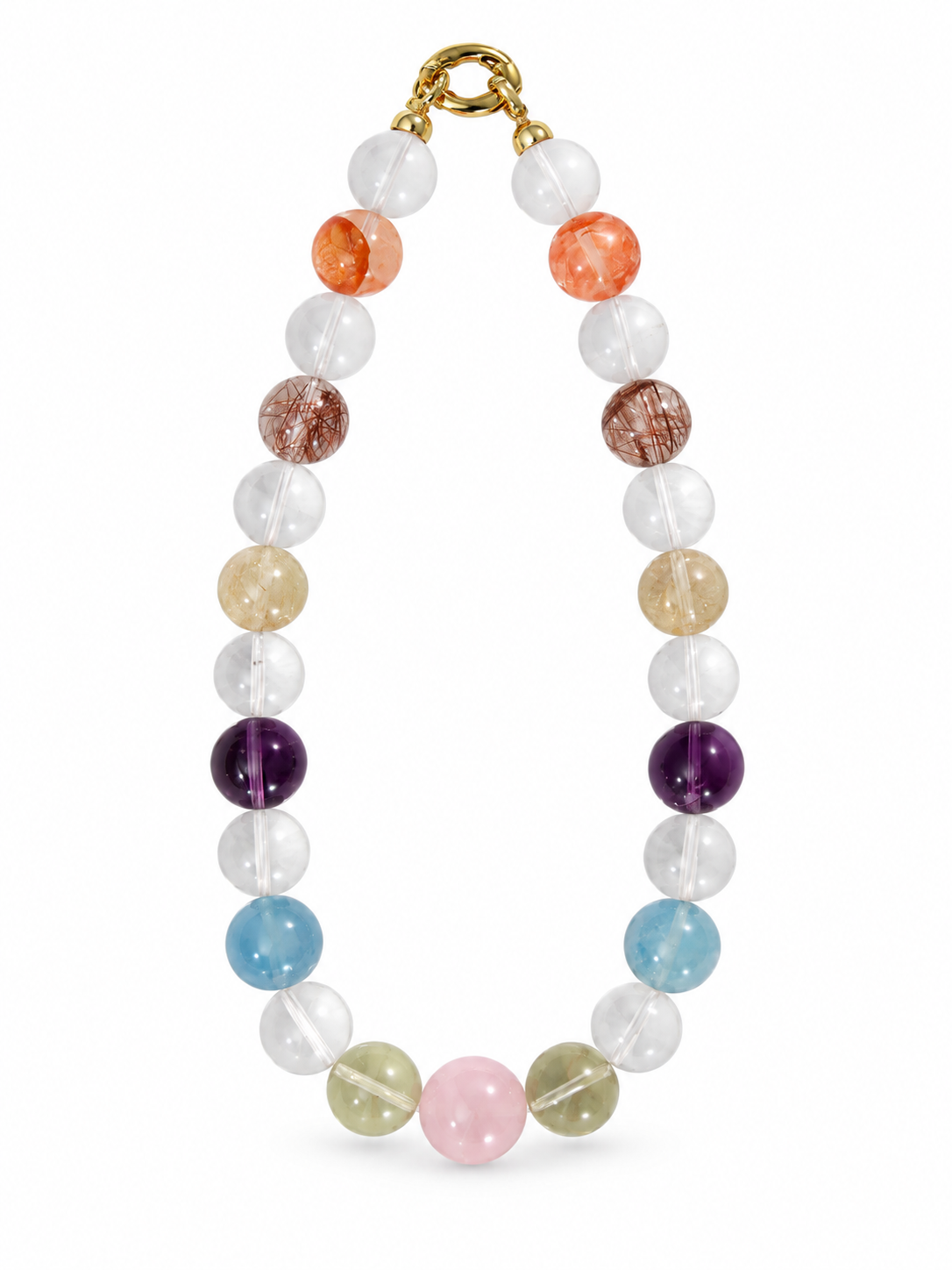 Multi-crystal beaded necklace with 16 mm round beads of clear quartz, amethyst, citrine, hematoid quartz, aquamarine and rose quartz with a gold clasp on a white background