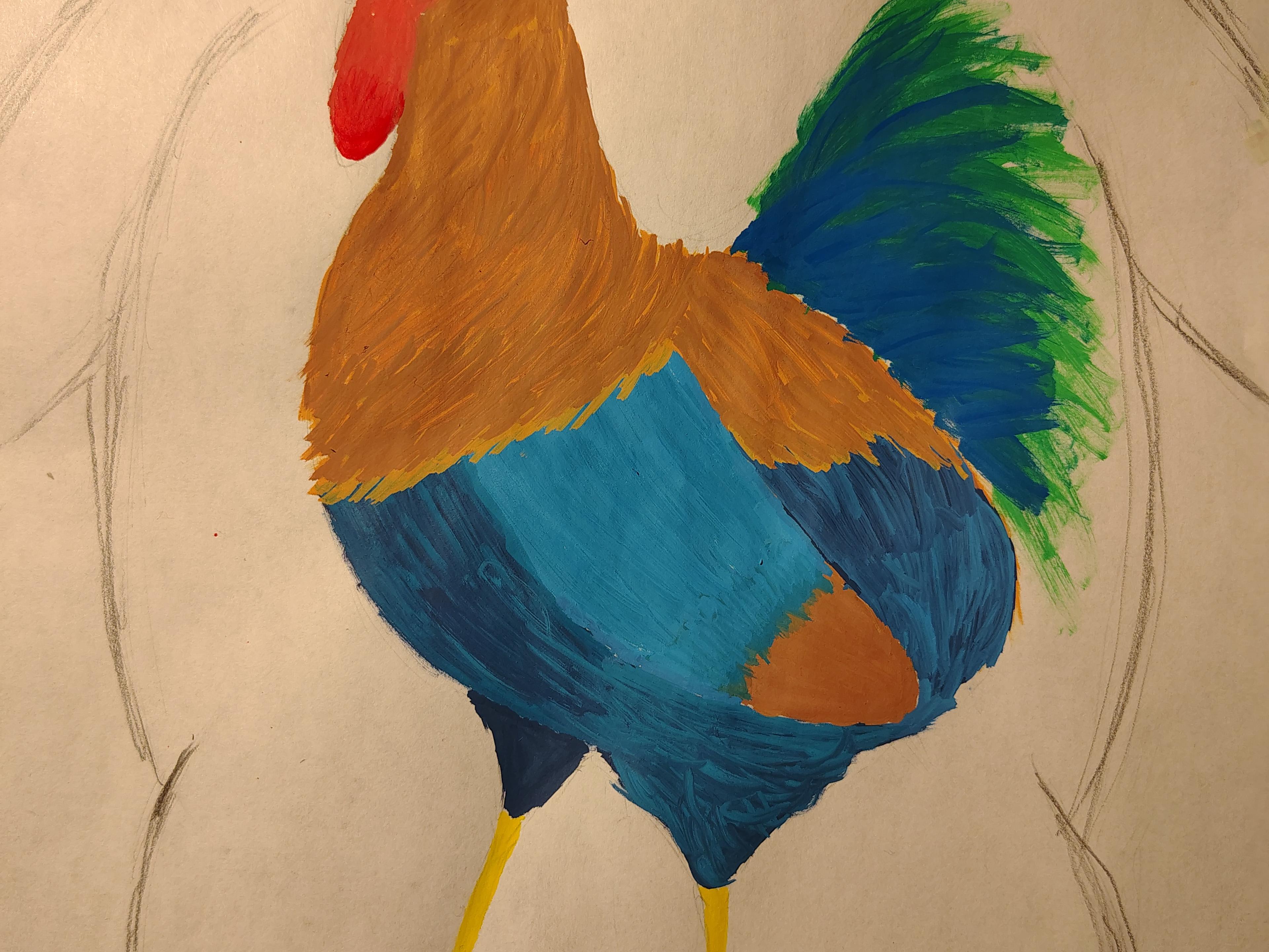 drawing of a guy's backside with a rooster tattoo