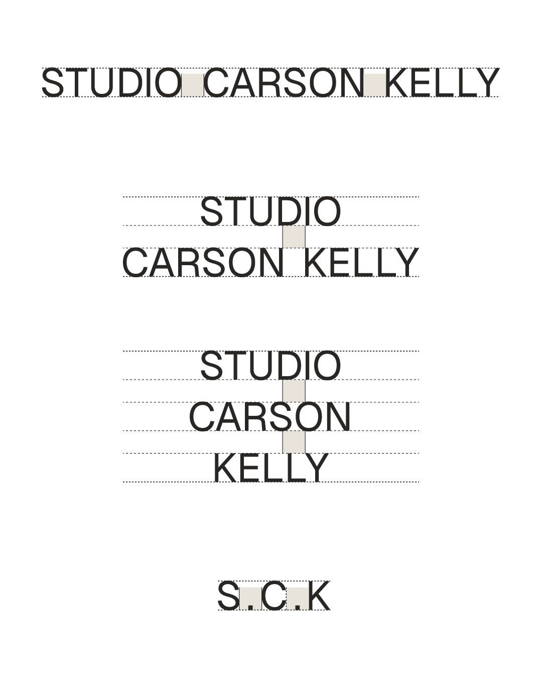 Four STUDIO CARSON KELLY lockups with dotted guidelines and beige spacing blocks.