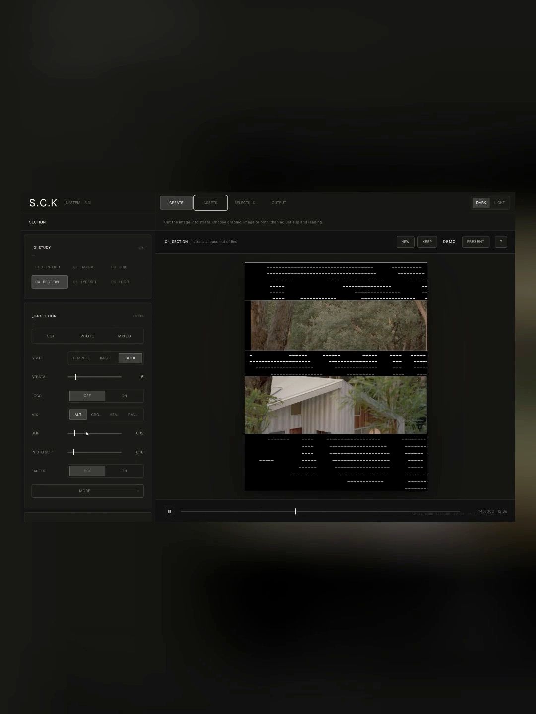 Dark interface assembling horizontal strata of photographs and dashed graphic bands.