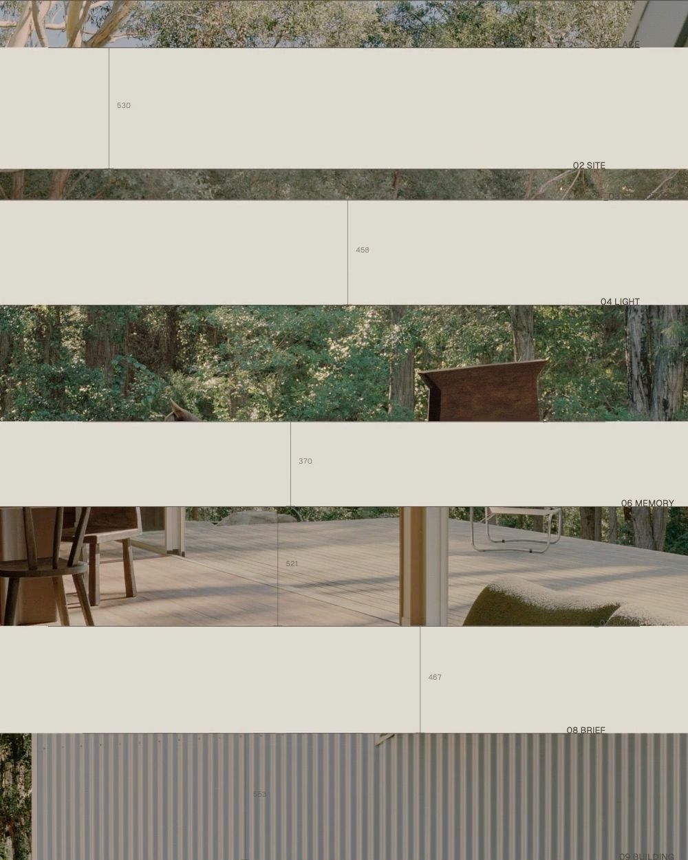 Horizontal bands of forest, deck, and cladding photographs interleaved with labelled beige slots.