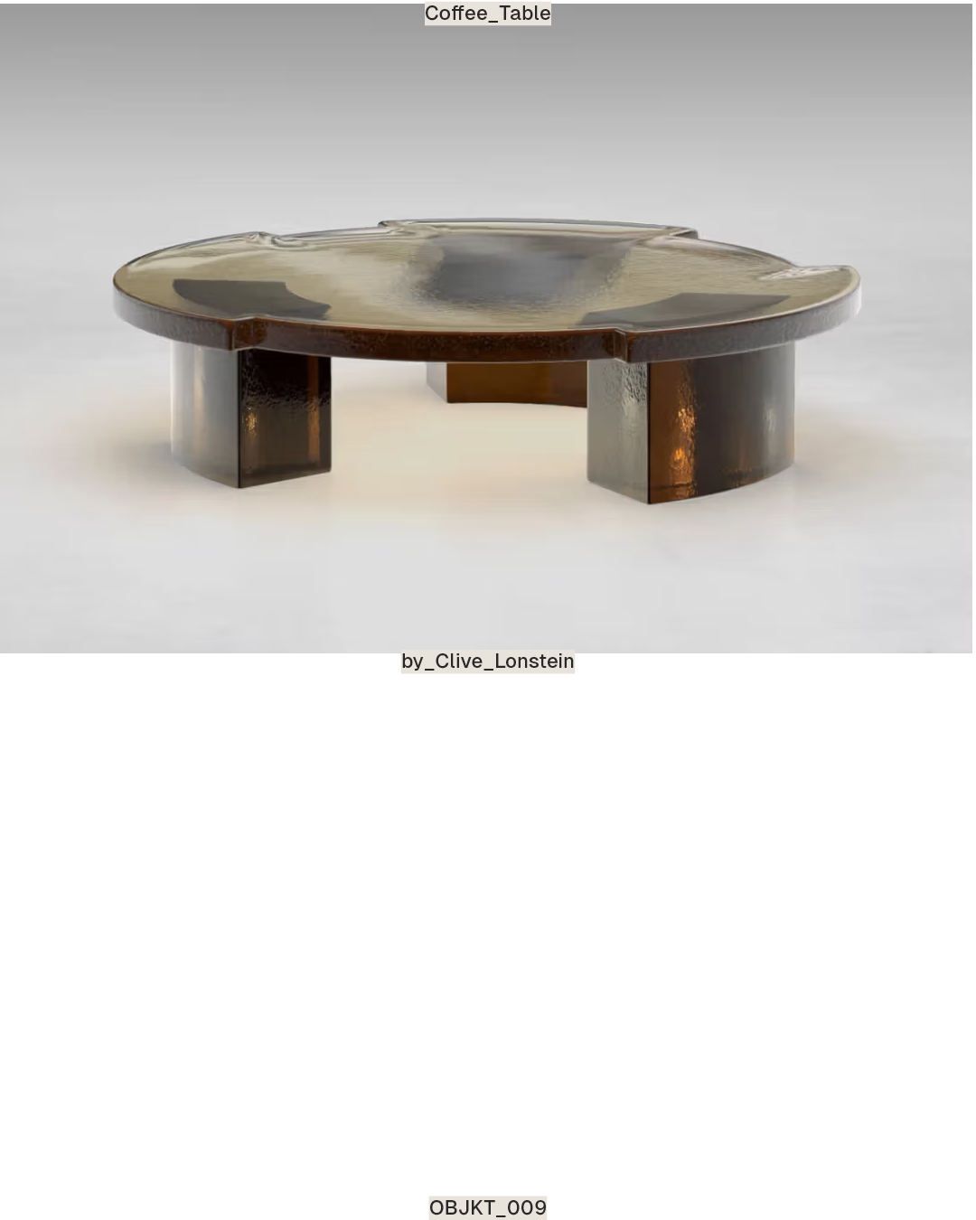 Translucent amber glass coffee table with three curved legs and a notched top.