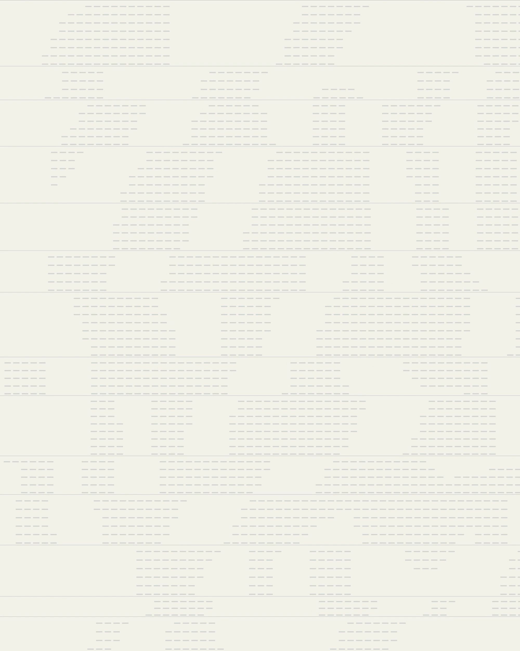 Horizontal dash clusters forming shifting blocky letterforms on a cream grid.