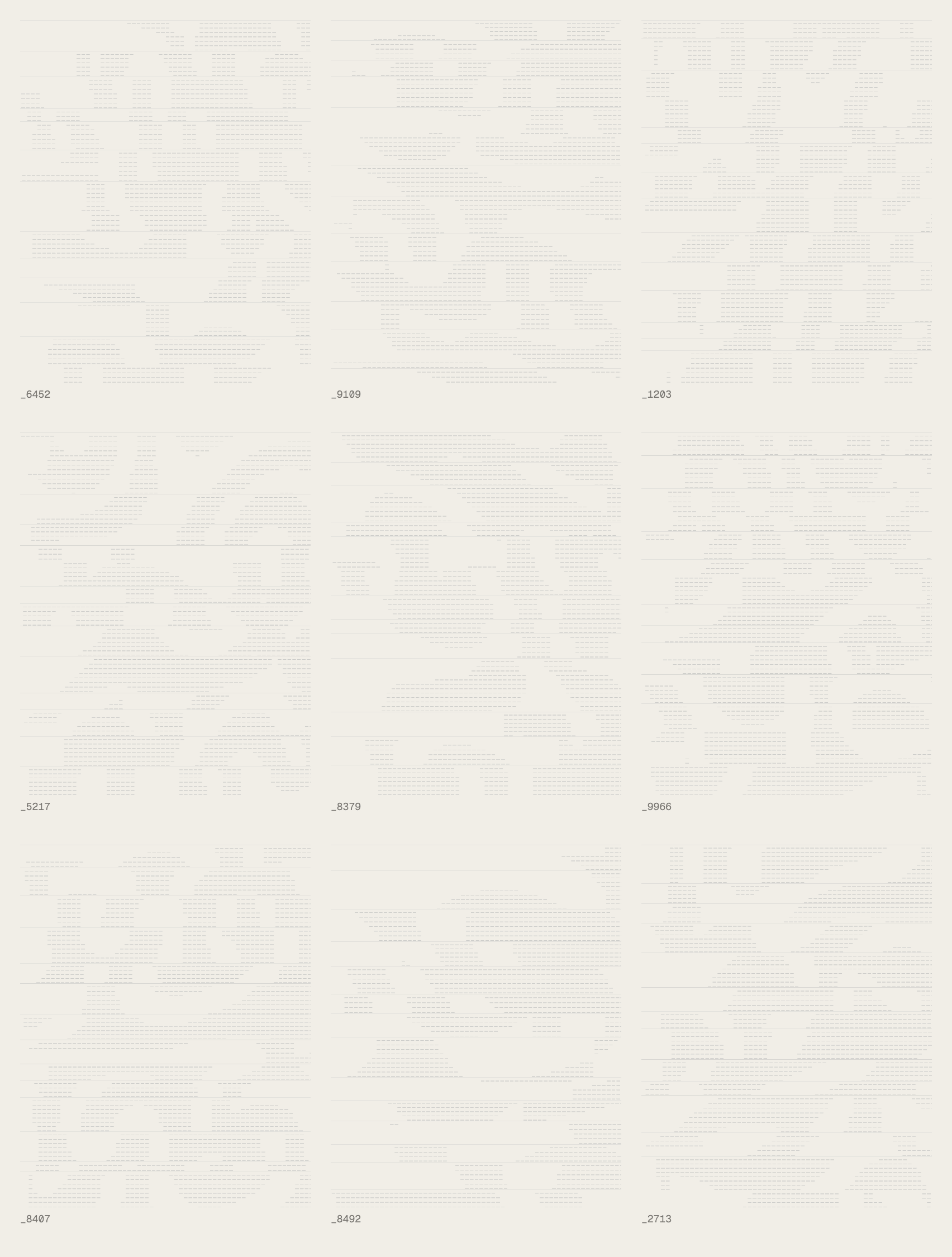 Nine-cell grid of dotted abstract forms on a pale beige ground.