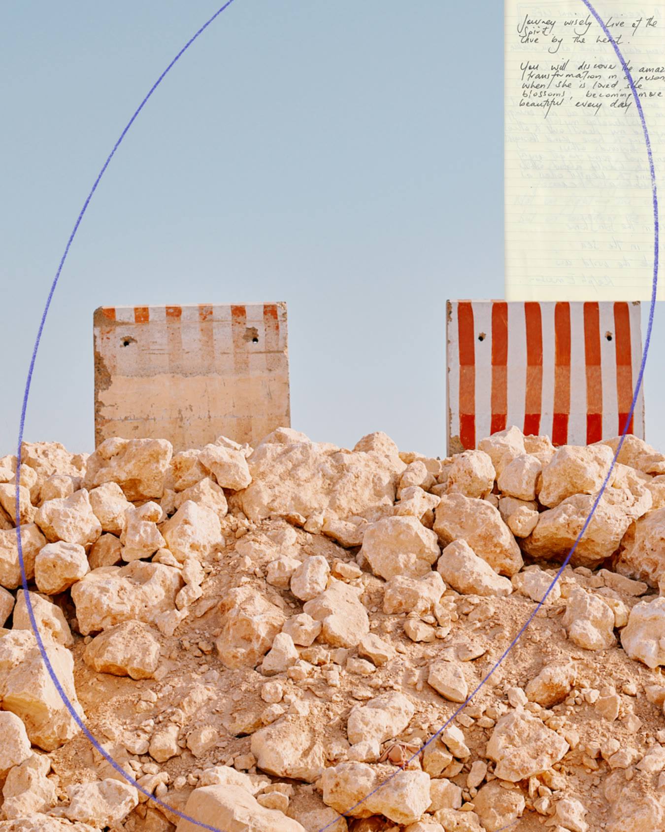 Rubble and two blocks of orange-striped stone under a pale sky, a handwritten note pinned above them and a fine blue arc drawn across.