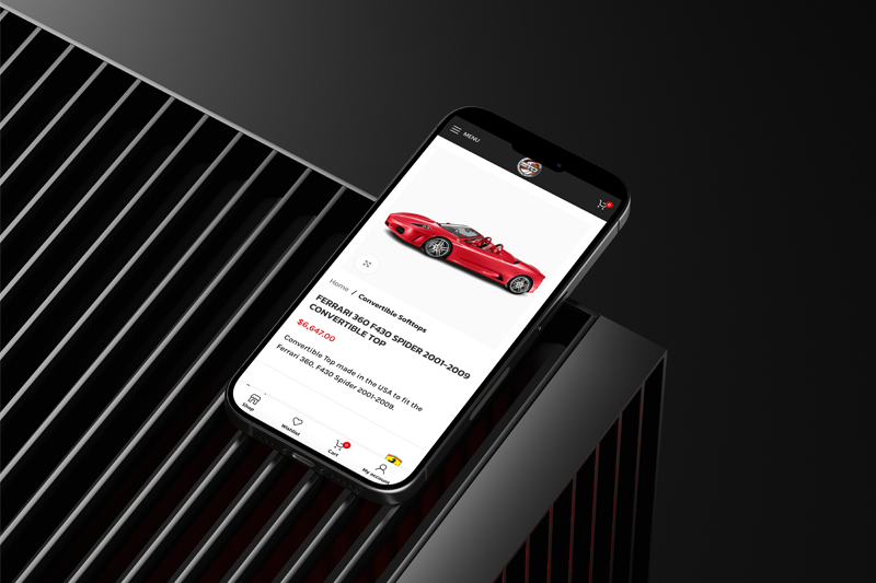 Softtops Online mobile product page for a Ferrari 360 F430 Spider convertible top, with a red Ferrari