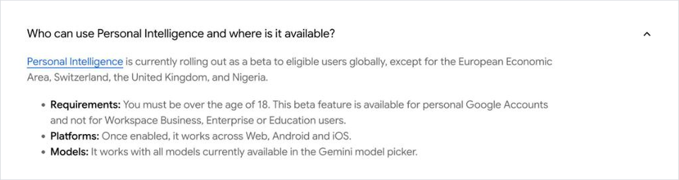 Gemini FAQ on who can use Personal Intelligence