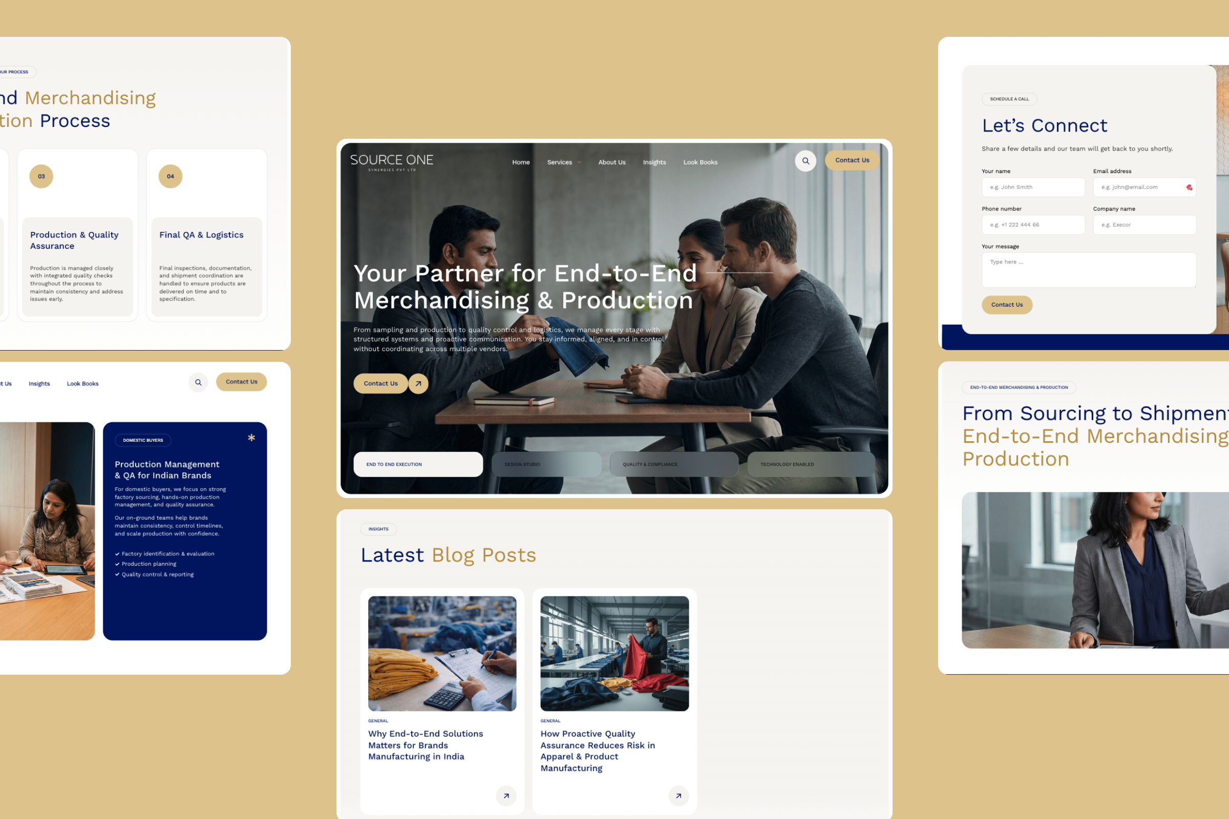 SourceOne Synergies website sections: hero, services, contact form, blog and sourcing process on a gold background