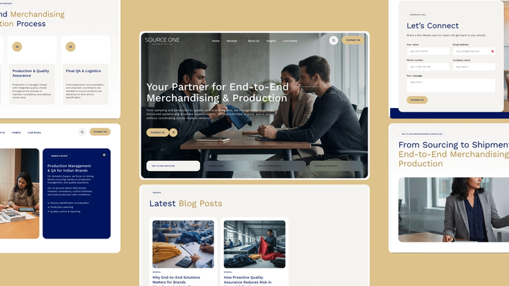 SourceOne Synergies website sections: hero, services, contact form, blog and sourcing process on a gold background