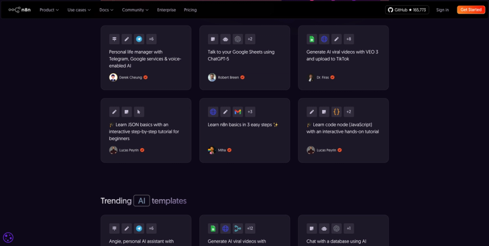 n8n's workflow template library showing community-built automations, each credited to its creator