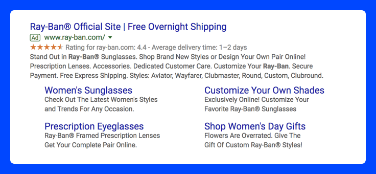 Ray-Ban Google search ad with a star rating, ad copy and four sitelinks for sunglasses and prescription eyewear