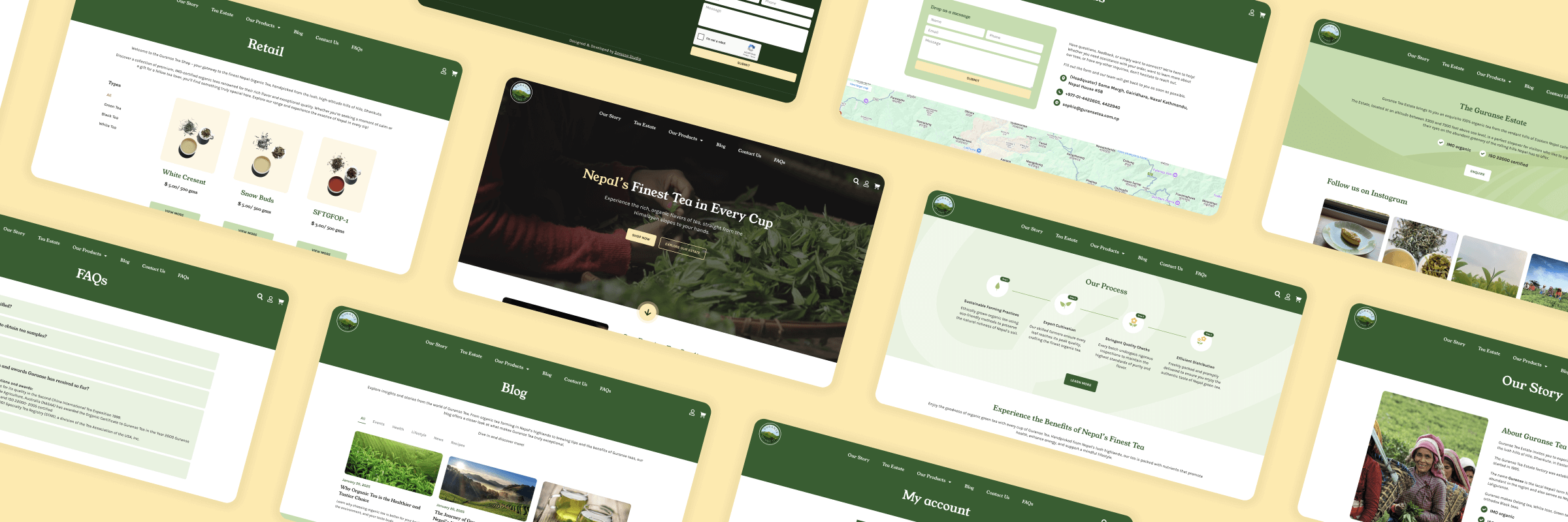 Guranse Tea website pages in green and cream: homepage, retail shop, blog, FAQs, our process and contact