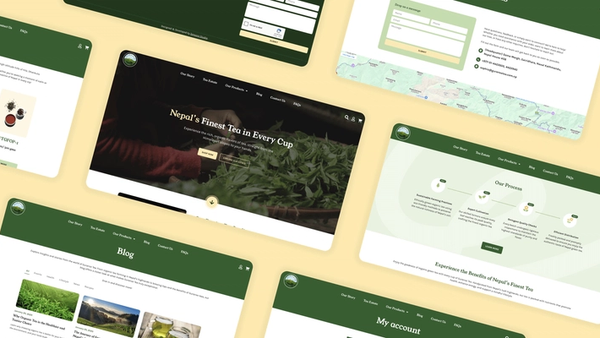 Guranse Tea website pages in green and cream: homepage, retail shop, blog, FAQs, our process and contact