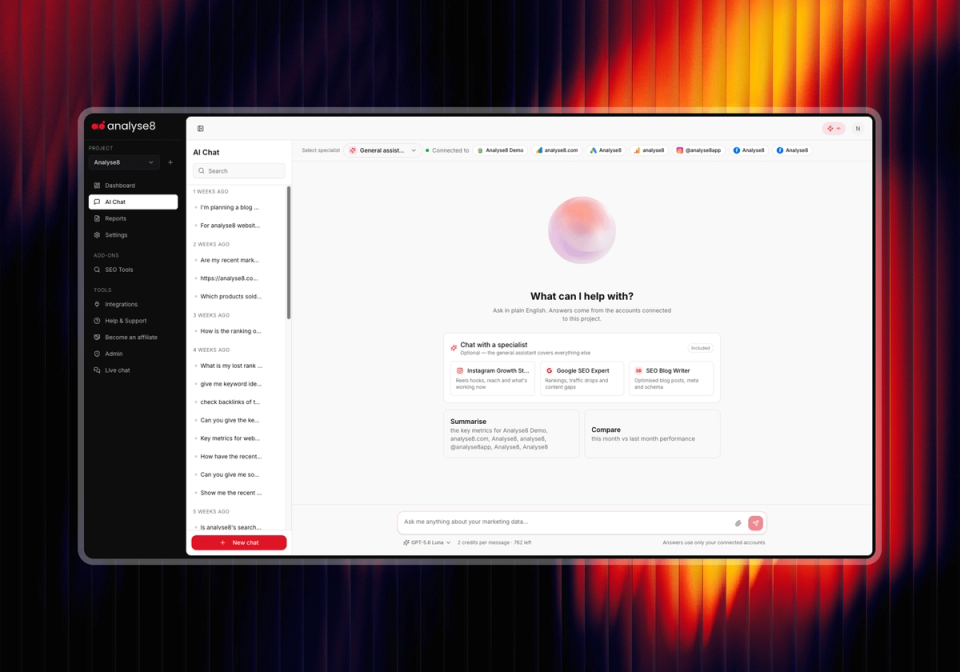 analyse8 AI chat UI mockup