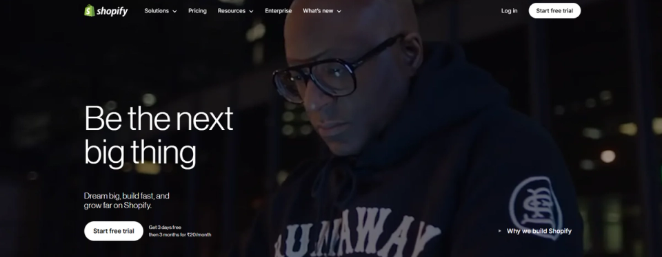 Shopify homepage with the headline 'Be the next big thing' and a Start free trial button