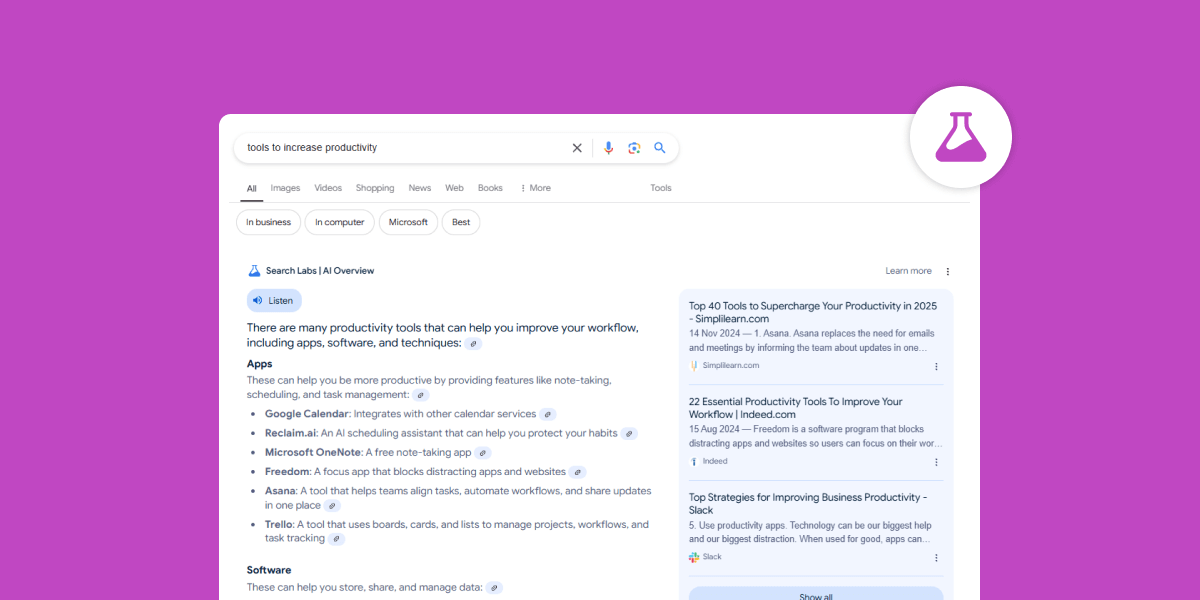 Google AI Overview results for 'tools to increase productivity' with a Search Labs flask icon on a purple background