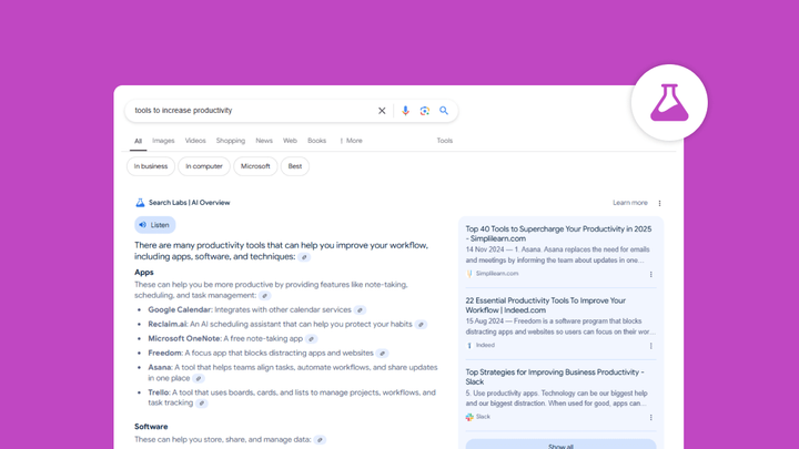Google AI Overview results for 'tools to increase productivity' with a Search Labs flask icon on a purple background