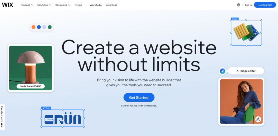 Wix homepage with the headline 'Create a website without limits' surrounded by editable design elements