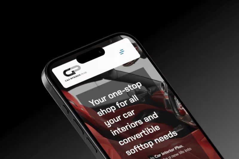 Car Interior Plus mobile homepage: 'Your one-stop shop for all your car interiors and convertible softtop needs'