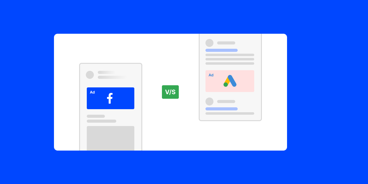 Facebook ad in a social feed versus a Google ad in search results, split by a V/S badge on a blue background