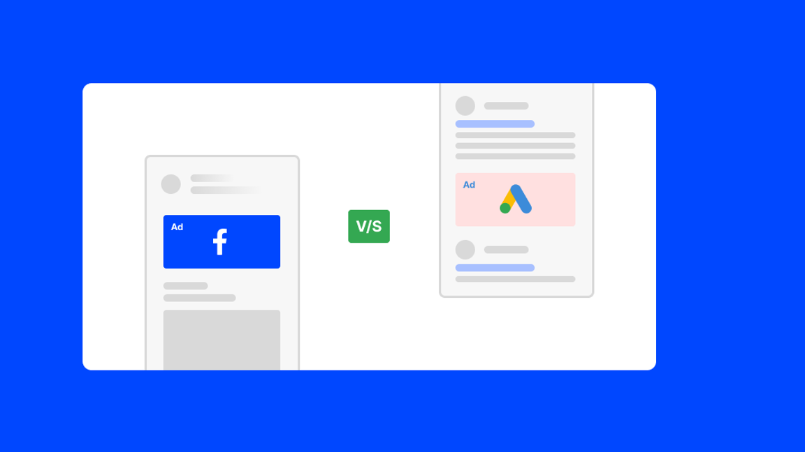 Facebook ad in a social feed versus a Google ad in search results, split by a V/S badge on a blue background