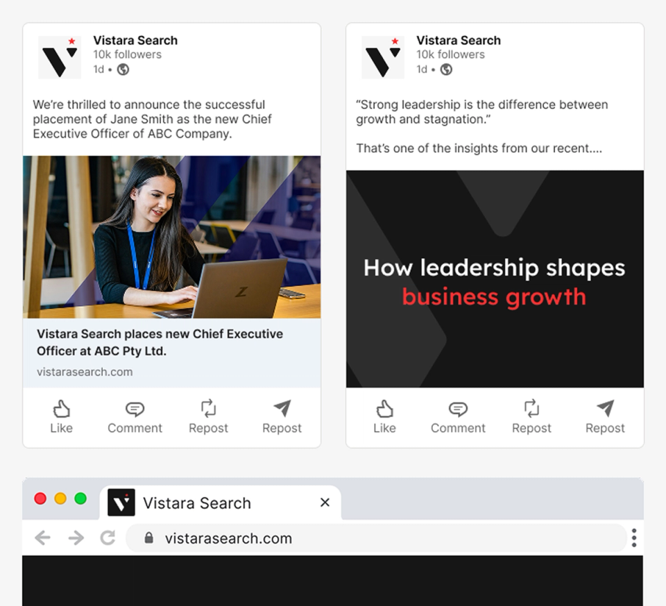 Vistara Search LinkedIn post templates: a placement announcement and a black 'How leadership shapes business growth' graphic, with the favicon in a browser tab