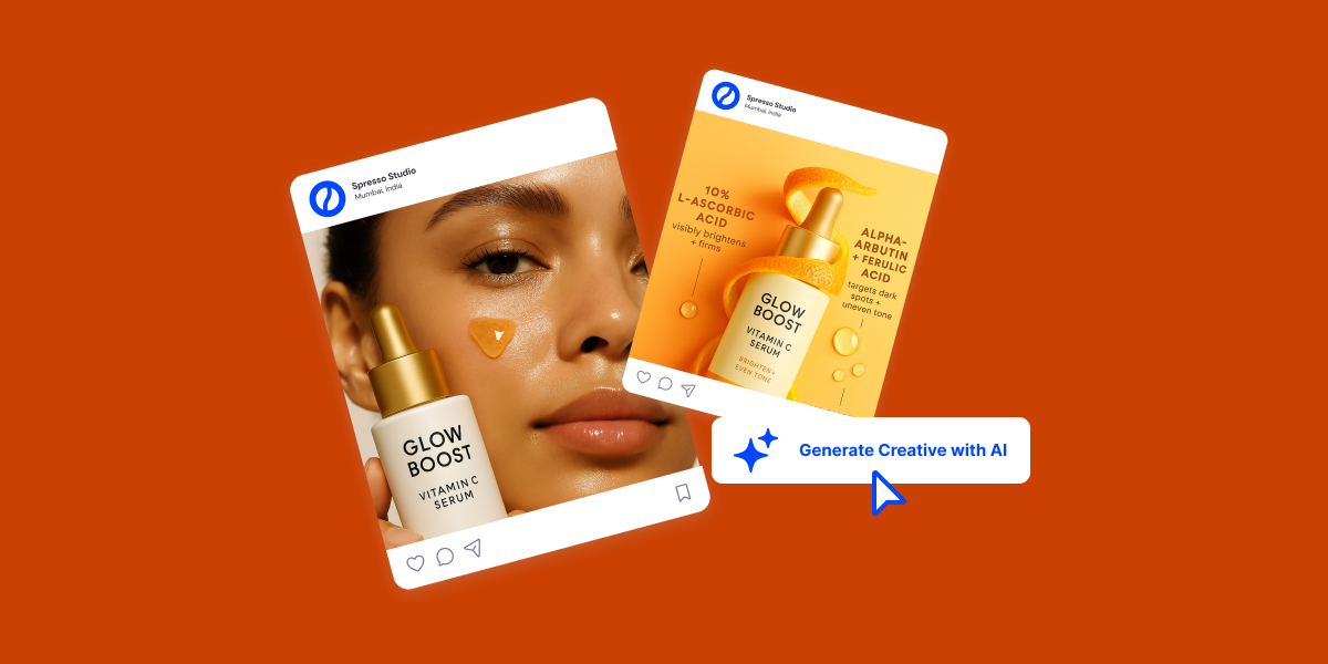 Two AI-generated Instagram ads for Glow Boost Vitamin C Serum beside a Generate Creative with AI button