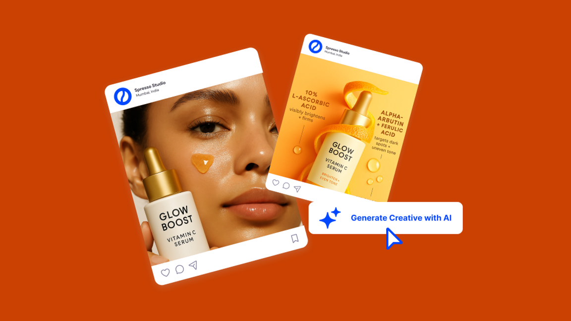 Two AI-generated Instagram ads for Glow Boost Vitamin C Serum beside a Generate Creative with AI button