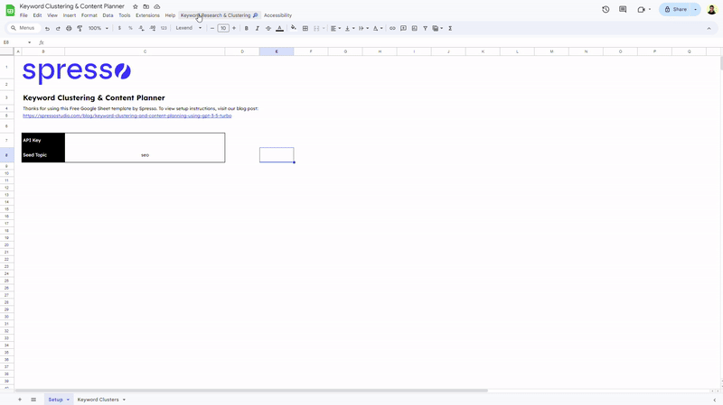 Screen recording: entering seo as the seed topic and running Generate Keyword Clusters from the sheet menu