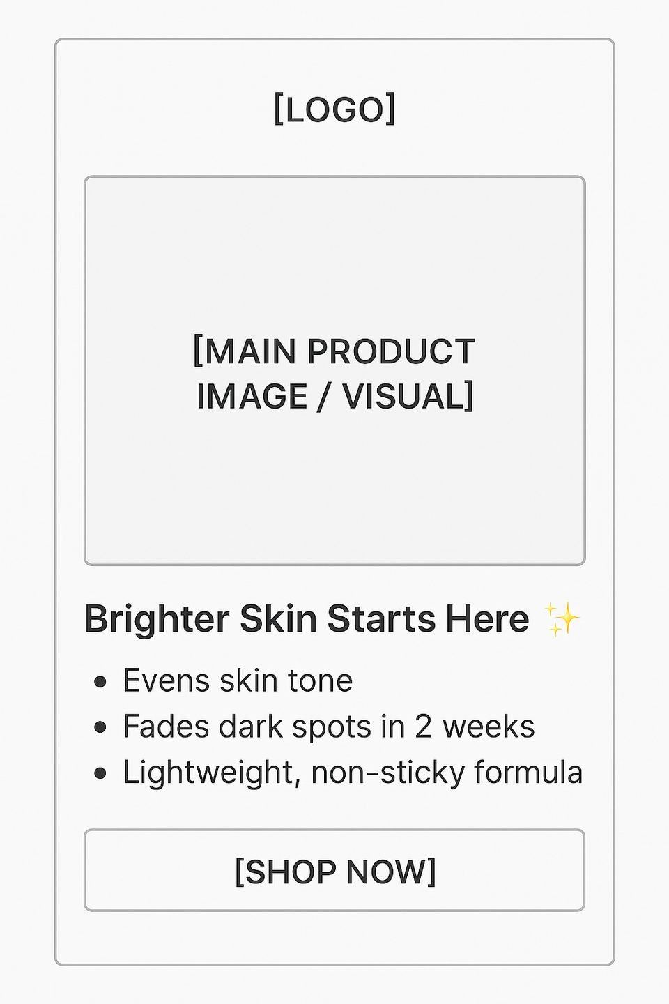 ChatGPT-made ad wireframe with placeholders for a logo, main product image, headline, three benefit bullets and Shop Now