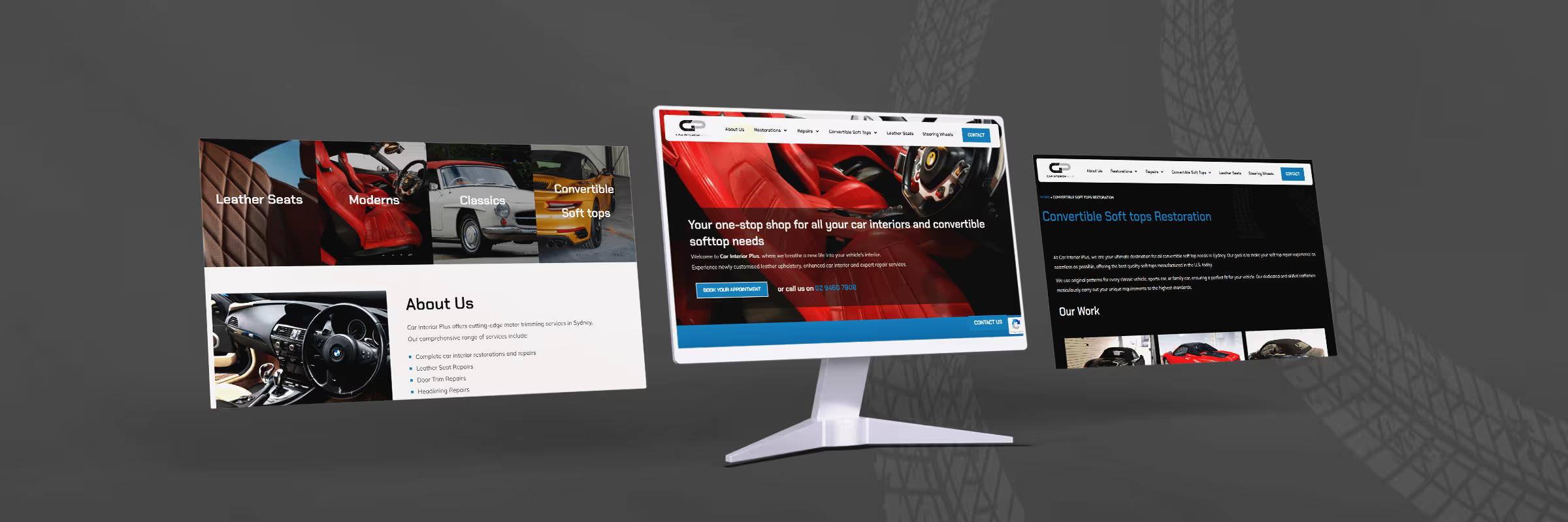 Car Interior Plus website on three screens: service categories, red leather interior homepage and soft top restoration page