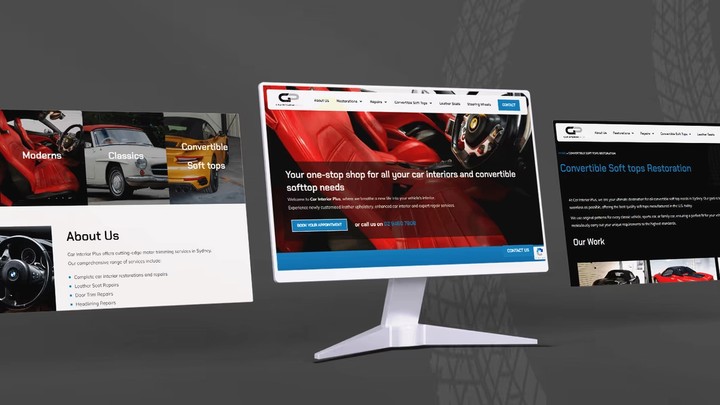 Car Interior Plus website on three screens: service categories, red leather interior homepage and soft top restoration page