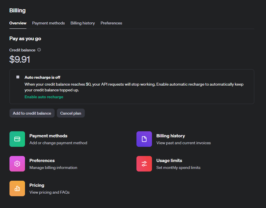 OpenAI billing overview on pay as you go, showing a $9.91 credit balance with auto recharge turned off