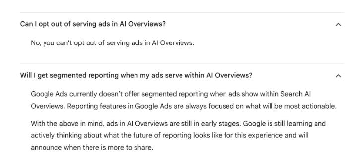 Google Ads Help: no opt-out and no segmented reporting for ads in AI Overviews