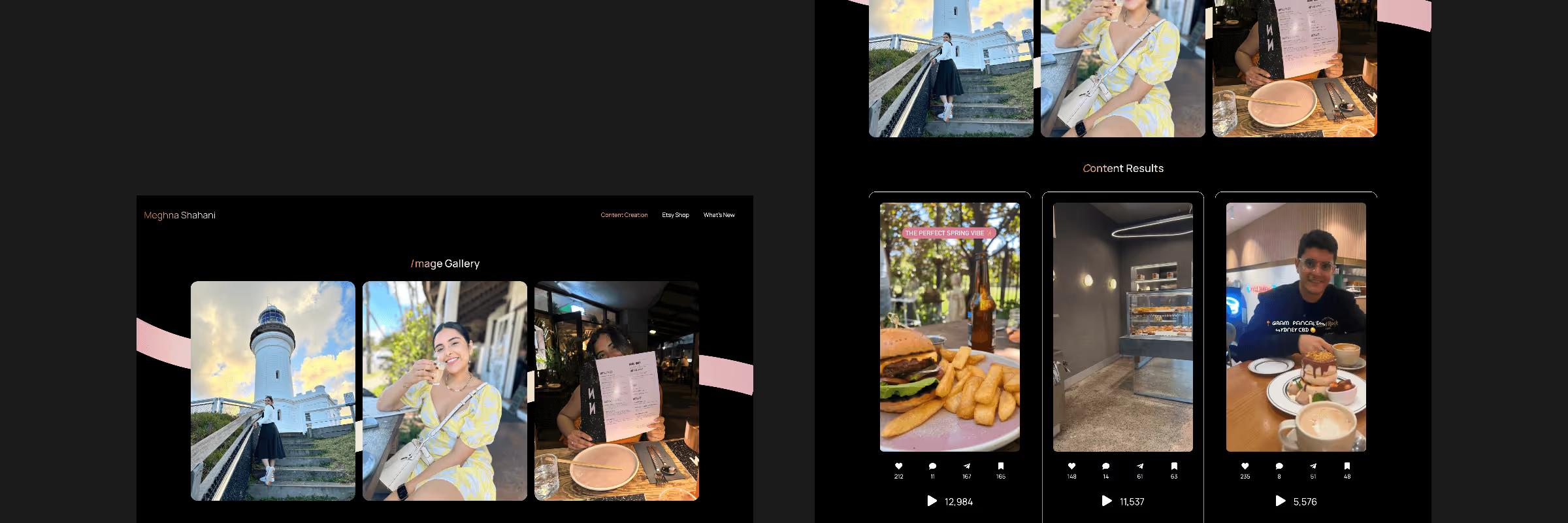 Meghna Shahani portfolio site: image gallery of her photos and Content Results reels with likes and view counts