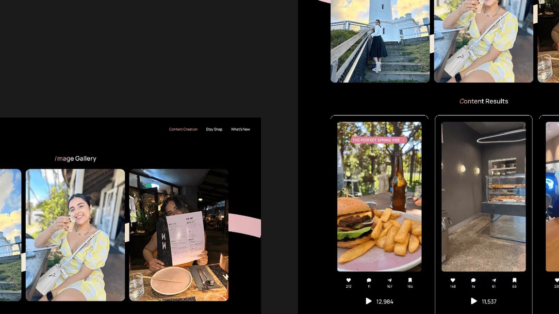 Meghna Shahani portfolio site: image gallery of her photos and Content Results reels with likes and view counts