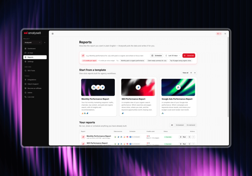 Analyse8 reports generation UI mockup