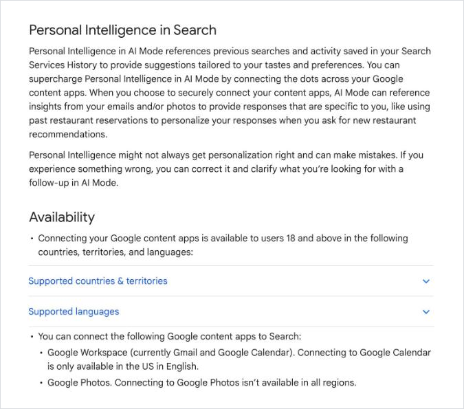 Google Search Help explaining Personal Intelligence in AI Mode and its availability