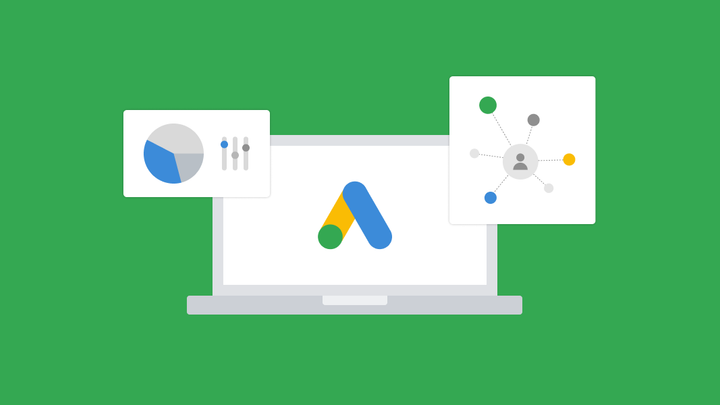 Google Ads logo on a laptop screen, flanked by cards showing a pie chart with sliders and an audience network diagram