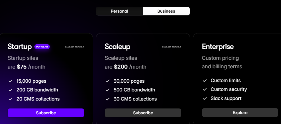 Framer Business plans billed yearly: Startup $75/month, Scaleup $200/month and Enterprise with custom pricing